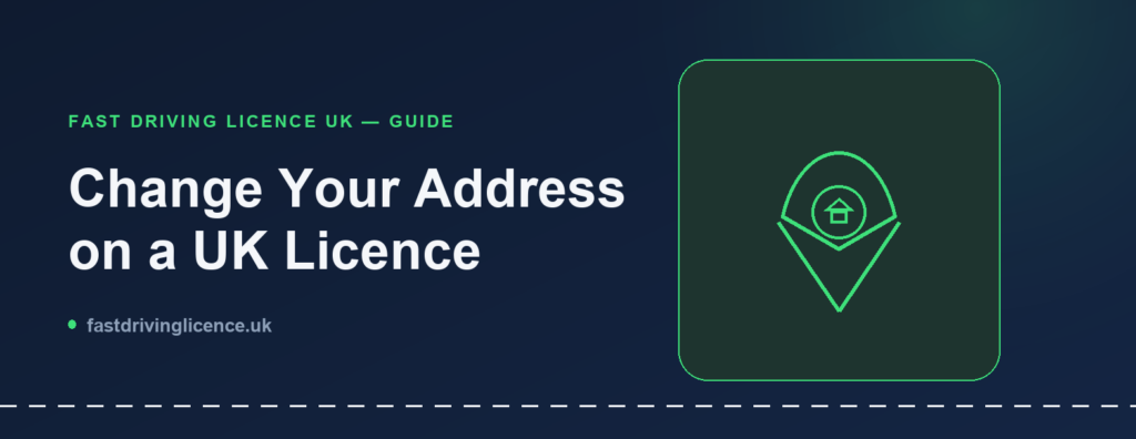 Illustration for a guide on changing the address on a UK driving licence, showing a map pin with a house icon