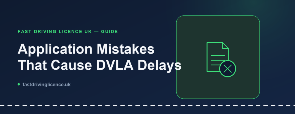 Illustration for a guide on common UK driving licence application mistakes, showing a document with an error mark icon