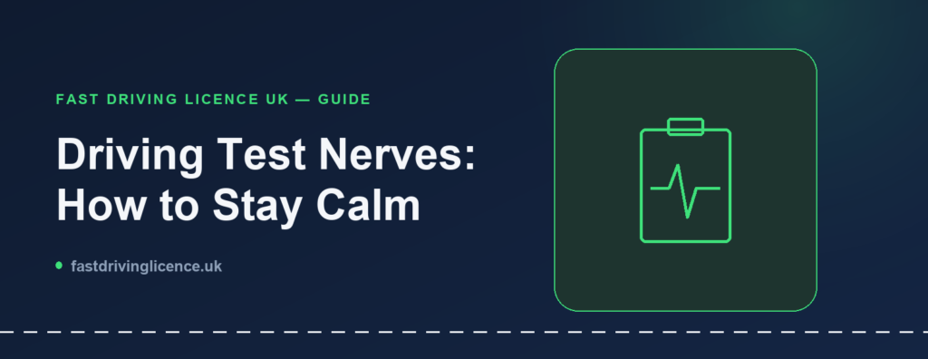 Illustration for a guide on driving test nerves, showing a clipboard and heartbeat icon representing theory and practical test preparation