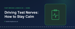 Illustration for a guide on driving test nerves, showing a clipboard and heartbeat icon representing theory and practical test preparation