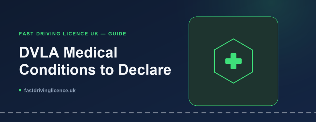 Illustration for a guide on DVLA medical conditions, showing a medical cross icon inside a shield