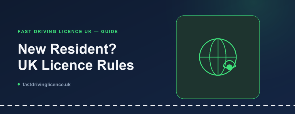 Illustration for a guide on UK driving licence rules for new residents, showing a globe with a location pin icon