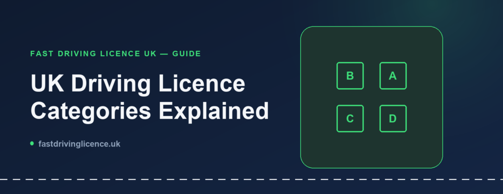 Illustration for a guide explaining UK driving licence categories, showing a grid of category cards labelled B, A, C and D