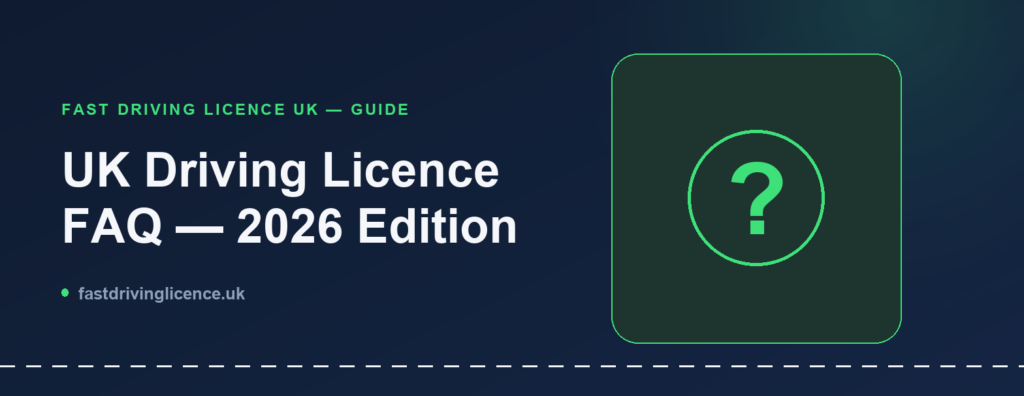 Illustration for the 2026 UK driving licence FAQ guide, showing a question mark icon