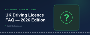 Illustration for the 2026 UK driving licence FAQ guide, showing a question mark icon